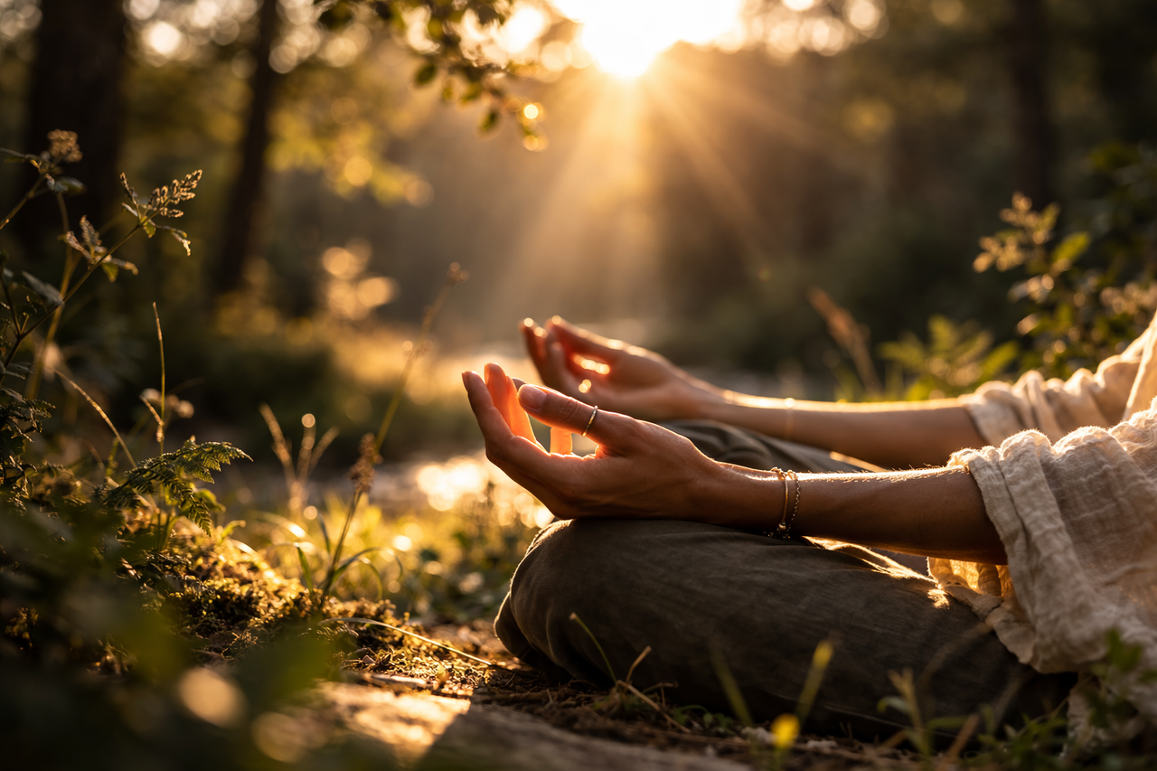Woman meditating in forest with sunlight