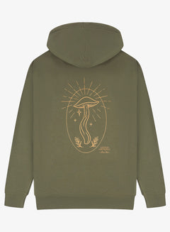 Overhead image of London Nootropics Mushroom Rising Zip Hoodie in khaki green. The design on the backside features an oval and a mushroom at the centre. The bottom right corner features the nootropics logo and designer signature.
