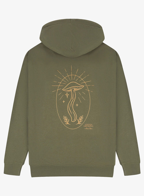 Overhead image of London Nootropics Mushroom Rising Zip Hoodie in khaki green. The design on the backside features an oval and a mushroom at the centre. The bottom right corner features the nootropics logo and designer signature.
