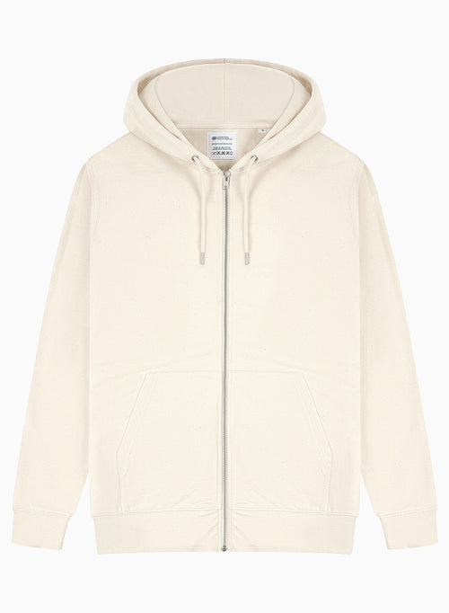 Front overhead view of the Find Your Flow zip hoodie by London Nootropics in creamy Natural Raw on white.