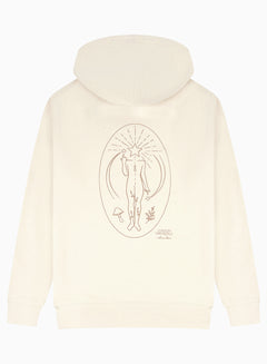 Back view of the Find Your Flow zip hoodie by London Nootropics in creamy Natural Raw on white. The design shows a body with a bent arm and finger pointing upwards at a star. The body has a star as a head and other icons like mushrooms and vines are featured.