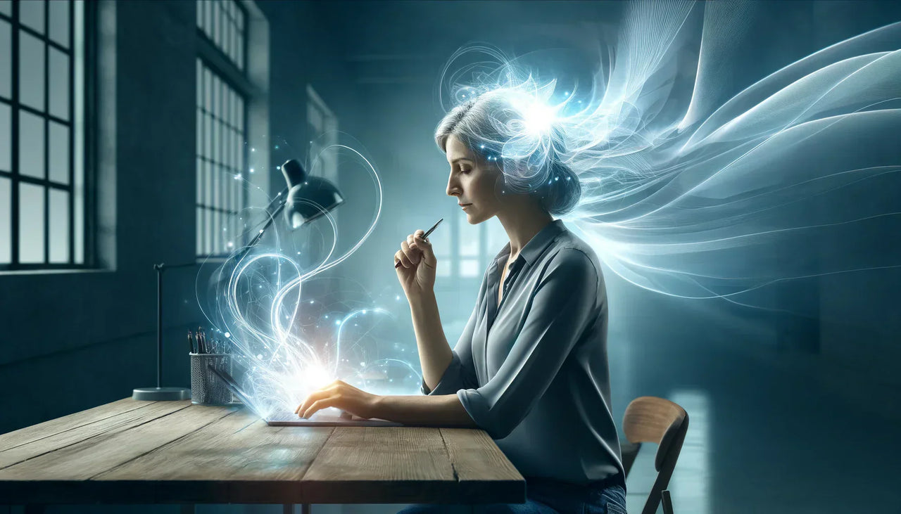 AI Generated image of woman with white hair looking down at an open laptop on a desk. Waves of light emerge from the laptop and from her head. She holds a pen toward her face.