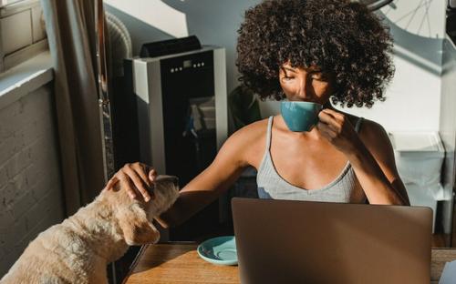 Woman drinks mushroom coffee while sitting in front of an open laptop and petting dog.
