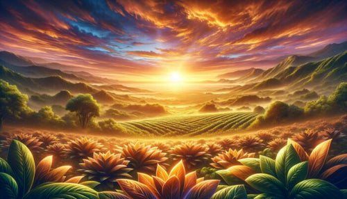 AI generated images of warm toned green and purple landscape as the sun is rising