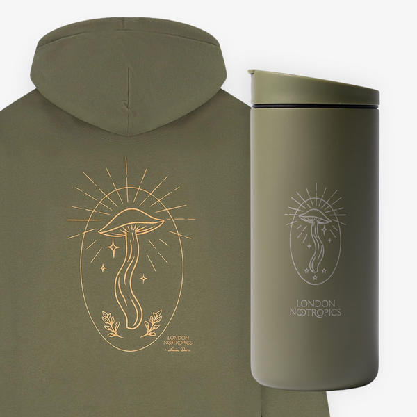 Matching Khaki green London Nootropics accessories, (L) Hoodie with Mushroom design and (R) steel MiiR travel cup with mushroom design.