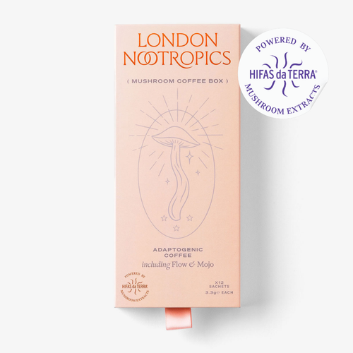 Closed box of adaptogenic coffee by London Nootropics on white. A white sticker in the top right corner reads: Powered by Hifas da Terra mushroom extracts.