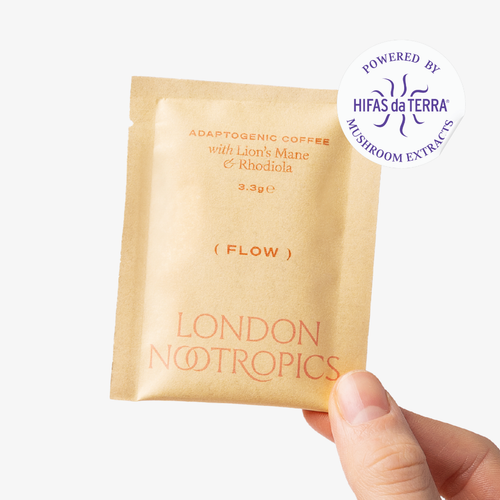 Hand holding a single-serve tan coloured sachet of London Nootropics Flow coffee with Lion's Mane and Rhodiola. The image shows a sticker icon at the top right corner of the sachet that reads: Powered by Hifas da Terra Mushroom Extracts. 
