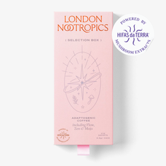 Closed box of adaptogenic coffee by London Nootropics on white. A white sticker in the top right corner reads: Powered by Hifas da Terra mushroom extracts.