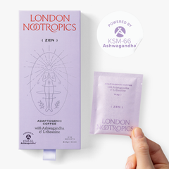 Box of London Nootropics zen coffee with Ashwagandha and L-theanine next to a handheld single-serve sachet on a white backdrop. A sticker in the top right corner reads: Powered by KSM-66 Ashwagandha.