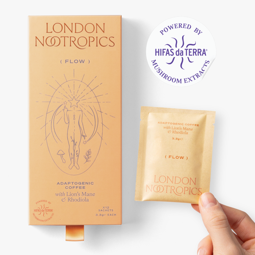 Box of London Nootropics flow coffee with Lion's Mane and Rhodiola next to a handheld single-serve sachet on a white backdrop. A sticker in the top right corner reads: Powered by Hifas da Terra Mushroom Extracts.