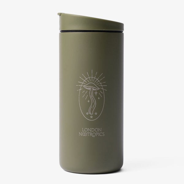 Khaki green steel MiiR travel cup featuring whimsical mushroom design