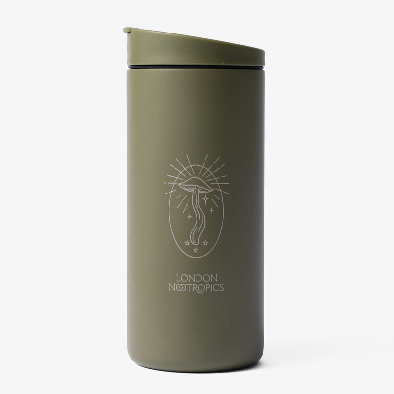 Khaki green steel MiiR travel cup featuring whimsical mushroom design