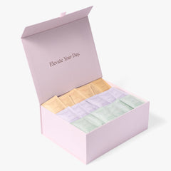 London Nootropics big coffee box and angled, open and displaying three rows of coffee sachets: Flow (top row), Zen (middle row), Mojo (bottom row)