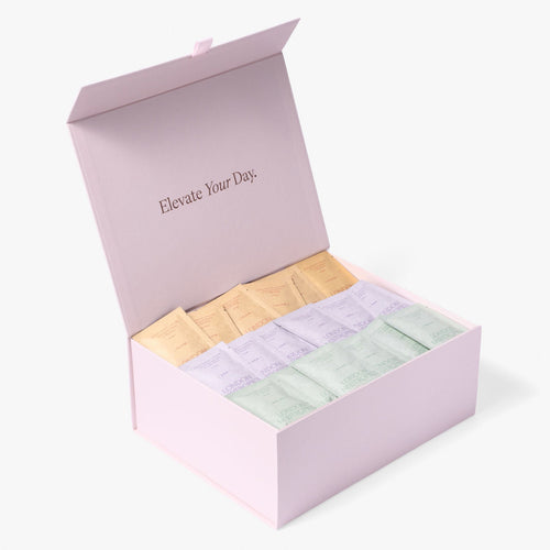 London Nootropics big coffee box and angled, open and displaying three rows of coffee sachets: Flow (top row), Zen (middle row), Mojo (bottom row)