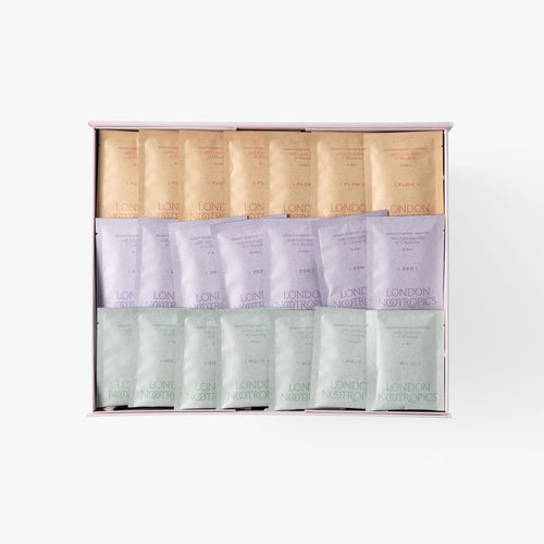 London Nootropics big coffee box, open and displaying three rows of coffee sachets: Flow (top row), Zen (middle row), Mojo (bottom row)