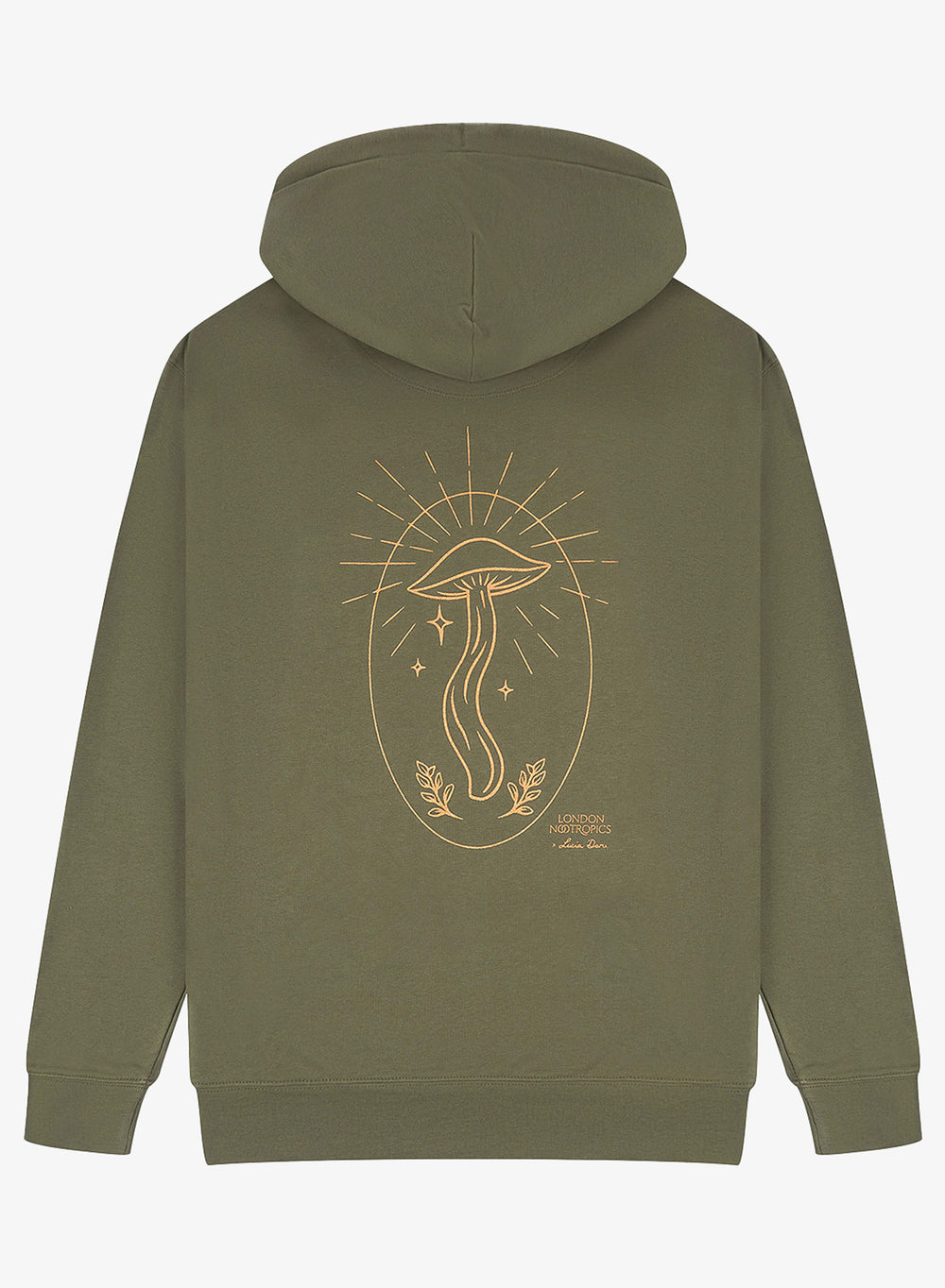 Overhead image of London Nootropics Mushroom Rising Zip Hoodie in khaki green. The design on the backside features an oval and a mushroom at the centre. The bottom right corner features the nootropics logo and designer signature.