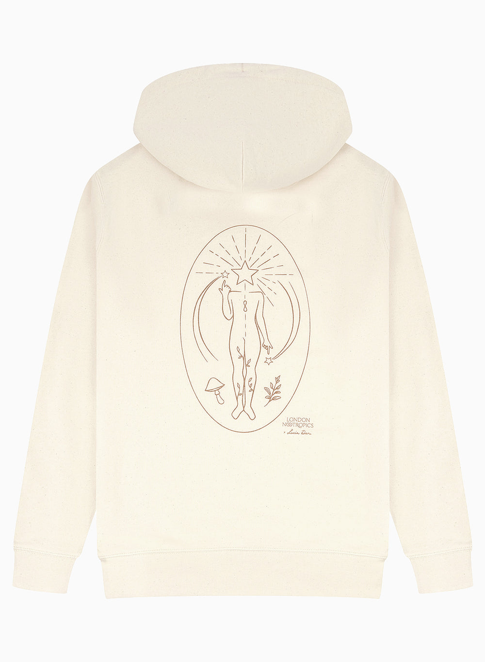 Back view of the Find Your Flow zip hoodie by London Nootropics in creamy Natural Raw on white. The design shows a body with a bent arm and finger pointing upwards at a star. The body has a star as a head and other icons like mushrooms and vines are featured.