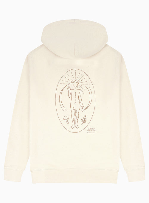 Back view of the Find Your Flow zip hoodie by London Nootropics in creamy Natural Raw on white. The design shows a body with a bent arm and finger pointing upwards at a star. The body has a star as a head and other icons like mushrooms and vines are featured.