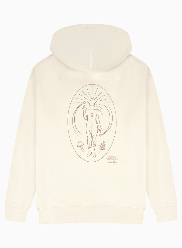 Back view of the Find Your Flow zip hoodie by London Nootropics in creamy Natural Raw on white. The design shows a body with a bent arm and finger pointing upwards at a star. The body has a star as a head and other icons like mushrooms and vines are featured.